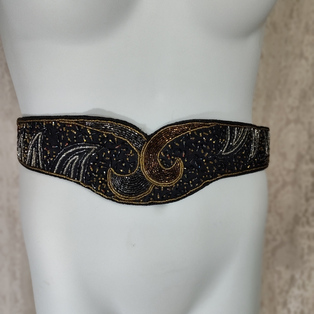 Vintage Black Belt Gold & Silver Beaded See Measurements